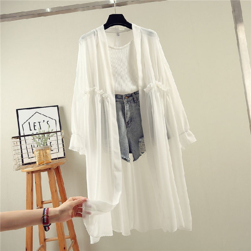 Chiffon Shirt Coat Long Sun-Protective Clothing Women'S Loose Thin Plus Size Summer Student Casual Korean Style Beach Shawl - Image 1
